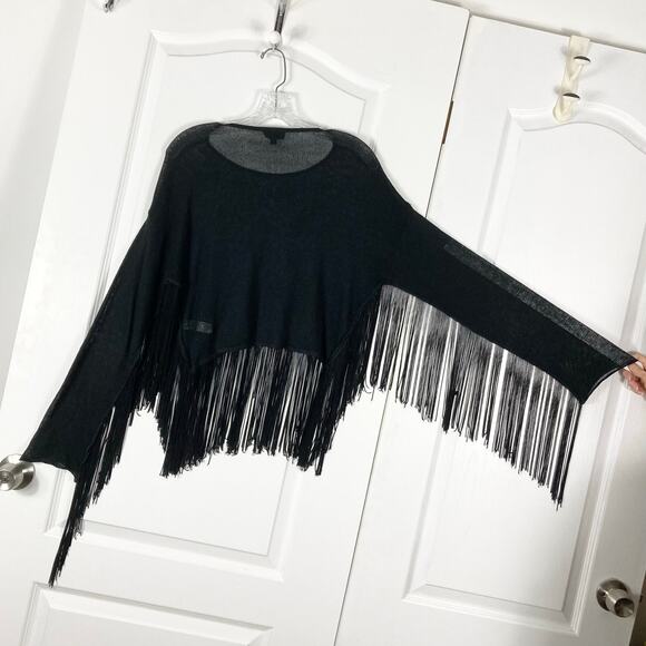 TOPSHOP Top US 8 Black Fringe/Tassels Hem&Long-Sleeve Crop Loose-Knit Cotton - Picture 2 of 11